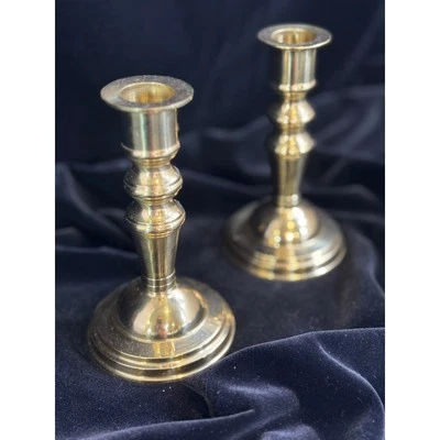 Pair of Brass Candle Sticks Pillar Taper - 5" Tall - include two taper candles - Image 1 of 4