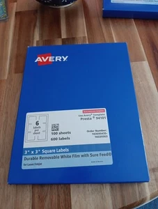 Avery Presta 94101 Matte White Paper w/ Sure Feed 3" x 3" Square Label 100 Pack - Picture 1 of 4
