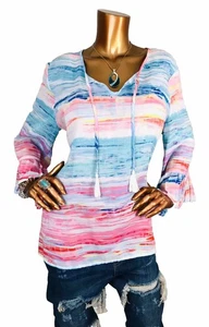 Rafaella XL Top Tie Dye Shell Lite Wgt Sheer Tunic 3/4 Bell Pleated Slvs Keyhole - Picture 1 of 9