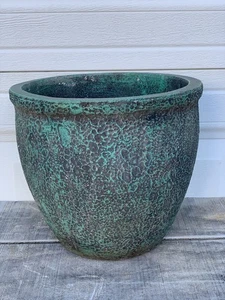 Vintage Ceramic Bubble Glaze Planter Rustic Green Textured Tapered Pot 11x10”Tal - Picture 1 of 8