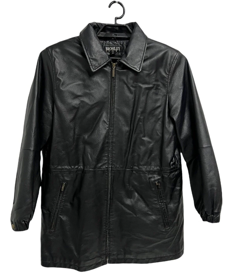 Bromley Sport Hombre 100% Cuero Abrigo Negro Cremallera Completa Forrado Sherpa Talla M Foto 1 de 4