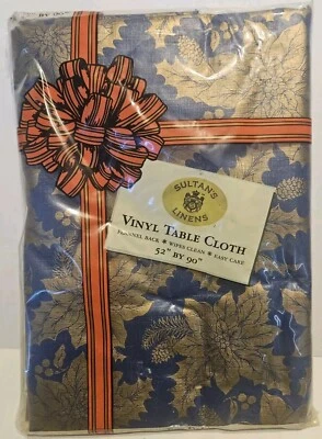 Vintage Sultan’s Linens Christmas Vinyl Table Cloth Holy, Blue 52" x 90" NIP - Image 1 of 4