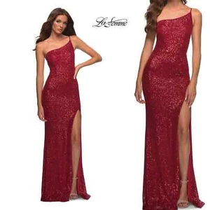 LA FEMME 30391 Red Sequin Sparkle Long Dress Fitted Asymmetrical Elegant Size 12 - Picture 1 of 12