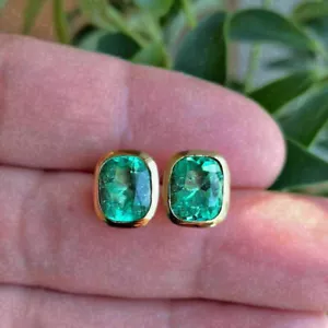 14K Yellow Gold Plated 2Ct Cushion Simulated Green Emerald Bezel Stud Earrings - Picture 1 of 5