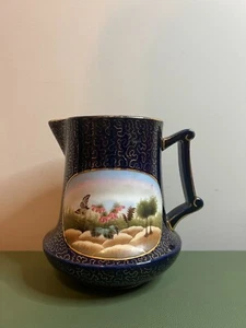 Vintage Cobalt Blue & Gold Rim Hand Painted Morning Glory & Butterfly Pitcher - Picture 1 of 8