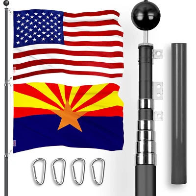 20 Ft Telescoping Flagpole Black & American and Arizona Flags Emb 300D 3x5Ft - Image 1 of 4