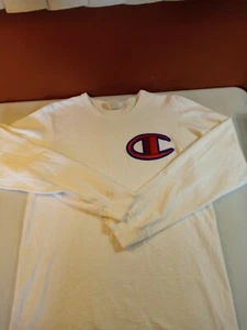 Vintage CHAMPION Mens Size Medium White Long Sleeve  W/ Big Embroidered Logo - Picture 1 of 12