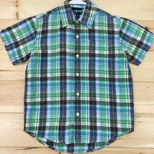 Gap Kids Button Up Shirt Boys Small Short Sleeve Green Brown Linen Cotton Blend - Picture 1 of 12