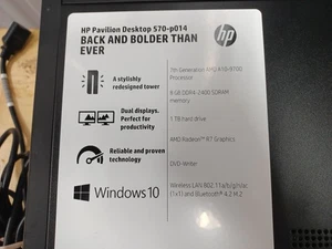 HP Pavilion 570-p0114 Desktop PC Tower Intel 7th Gen AMD 8GB Ram 1Tb HD Win 10 - Picture 1 of 12