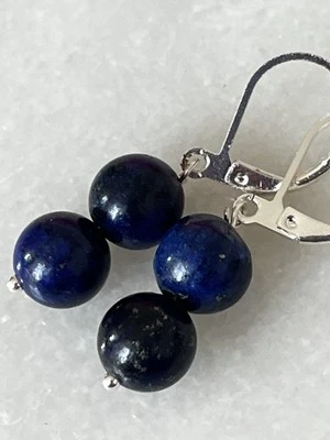 925 Sterling Silver Lapis Lazuli  8mm Gemstone Bead Earrings Leverback,4g, 33mm - Image 1 of 2