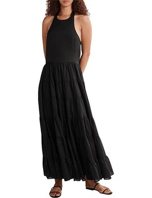 Country Road Black Cotton Maxi Dress Size 12 Halter Tiered Summer Resortwear - image 1 of 4