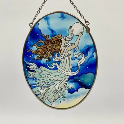 Amia Stained Painted Glass Moon Goddess Fairy Mystical Suncatcher 7" x 5" - Image 1 of 4