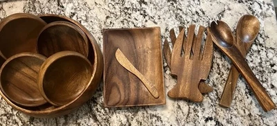Juego de ensaladeras vintage de madera de acacia - Juego de servir artesanal de 9 piezas. Coleccionable Foto 1 de 4