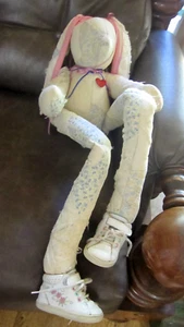 VTG BUNNY RABBIT QUILT LONG LEGGED PLUSH TOY 30”TALL HAND MADE Primitive Cottage - Picture 1 of 24