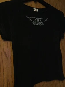 Aerosmith - Black Shirt With Silver Glitter Logo - Ladies/Round Neck/Giant/OSFA - Picture 1 of 3