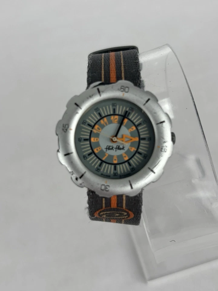 Flik Flak By Swatch 33mm Silver/Gray Watch w/Striped Nylon Band & New Battery - Image 1 of 4