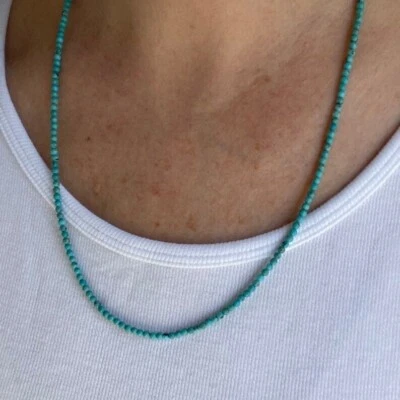 Natural African Turquoise Faceted Round 2MM Gemstone Bead Men Women Necklace 18" - Image 1 of 4