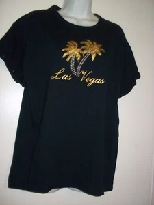 Klassisches Las Vegas verziertes schwarzes Damen-T-Shirt Größe L Baumwolle Perlenärmel - Bild 1 von 6