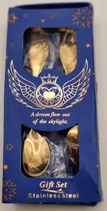 Tenedor y cuchara bebé alas de ángel juego de regalo cubiertos de acero inoxidable dorado - Imagen 1 de 4