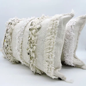 Moroccan Handmade Handira Pillow Cover In White And Off White 24"x17", Handira - Picture 1 of 10