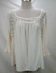 Womens Lace Top Size Small Ivory Ruffle Sleeve Open Tie Back Peasant Bohemian - Picture 1 of 7