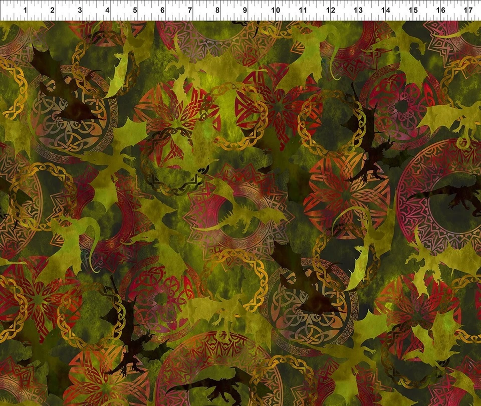 In The Beginning Dragons - The Ancients 4DRG4 Green Dragons & Medallions Algodón Foto 1 de 1