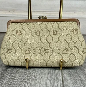 Christian Dior Vintage Honeycomb Double Pocket Pouch Gold Kiss Lock EUC - Picture 1 of 24