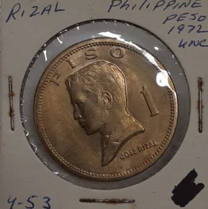 1972 Philippines Nickel-Brass 1 Piso  Bust of Jose Rizal  UNC w/Toning - Picture 1 of 2