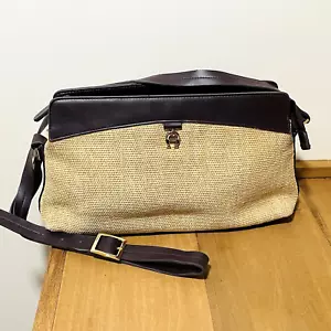 Etienne Aigner Woven Raffia Straw Burgundy Leather Handbag Purse - Picture 1 of 11