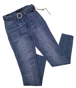 Almost Famous Jeans Women's High Rise Skinny Rhineston Belted Blue Denim Size 5 - Picture 1 of 9