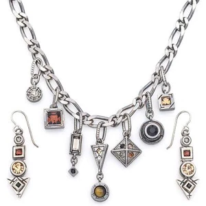 Vintage Patricia Locke Pewter Multi-Color Glass/CZ Chain Necklace & Dangle Earri - Picture 1 of 4