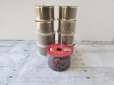 Wire Edged Ribbon Lot 9 Spools 34 Yards Faux Burlap Holiday Metallic Gold Black - Image 1 of 4