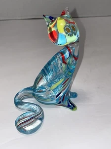 Murano Style Art Glass Cat Figurine Hand Blown Millefiori Look Grandma's Groovy - Picture 1 of 8