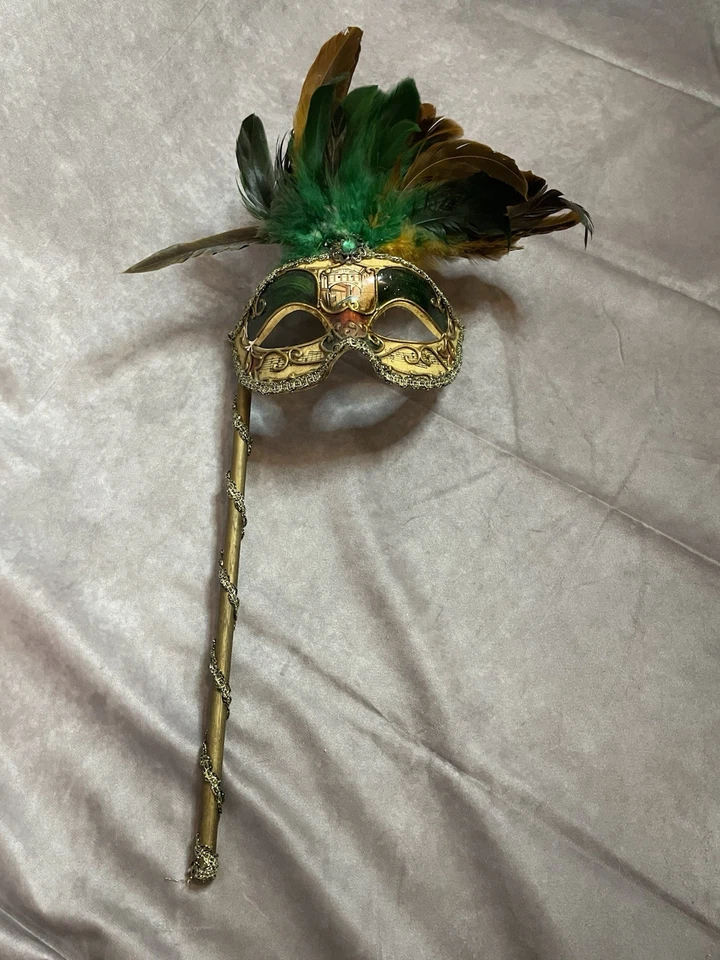 Brown & Green Feathered VENETIAN Stick Mask w/ Musical Notes & Gold Trim - 20" L - Image 1 of 4