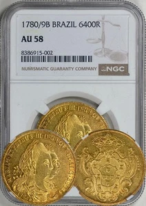 BRAZIL Maria I & Pedro III 1780/9-B GOLD 6400 Reis (Peca), NGC AU-58, Luster! - Picture 1 of 1
