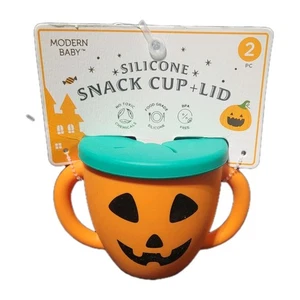 Taza de aperitivo moderna de silicona para bebé + tapa Halloween Jack-O-Lantern calabaza 2 piezas nueva con etiquetas - Imagen 1 de 4