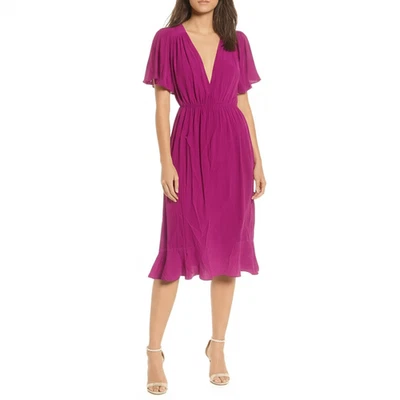 Vestido midi AMANDA UPRICHARD para mujer M magenta cuello en V volantes seda fluido elegante Foto 1 de 4