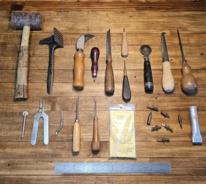 Antique Leather Craft Tools Cobbler Hammer Punches Knives SKIVING Vintage LOT US - Picture 1 of 5