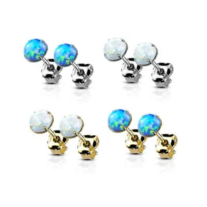 14 Karat Solid Gold Earring Stud 20 Gauge with Prong Set Opal - Pair - Picture 1 of 11