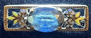Vintage Czech Oval Blue Glass Stone, Enamel Forget Me Not Flowers Brooch C Clasp - Picture 1 of 5