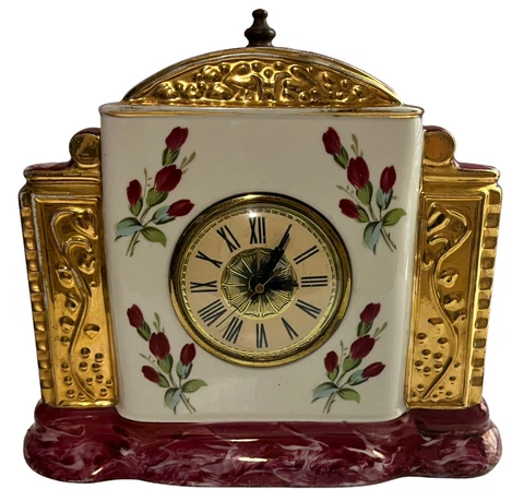Lanshire Mantle Clock Model SP-3 Ceramic Self Starting Purple Vtg - Working Cover