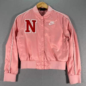 Nike Varsity Bomber Jacket Youth Girls Medium Pink Swoosh Embroider Satin Active - Picture 1 of 11