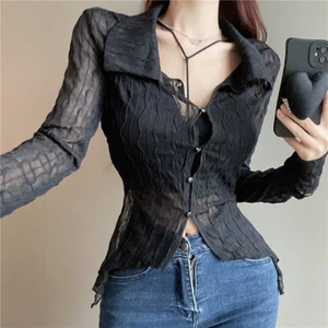 Women Mesh Blouse See Through Sheer Lace Shirt Cropped Top Irregular Slim Sexy - Picture 1 of 13