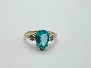 VINTAGE MASSIVER DAMENRING 9 KT 10 KT GOLD AQUAMARIN UND DIAMANT BESETZT GRÖSSE Q - Bild 1 von 6
