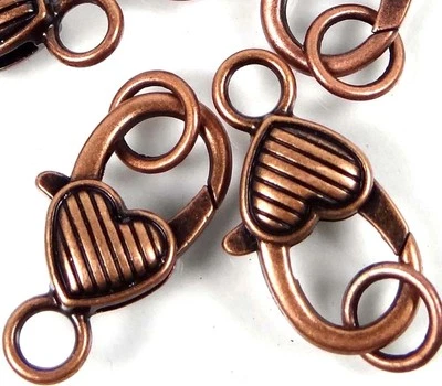 27x13mm Large Antique Copper Pewter Striped Heart Lobster Claw Clasps (4)  - Image 1 of 3