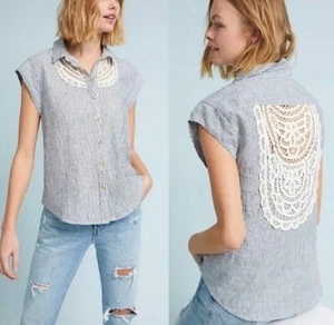 Maeve Anthropologie Linen Camp Shirt Blue White Crochet XL - Picture 1 of 7