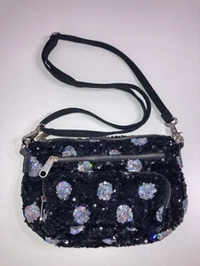 PINK Victoria’s Secret Crossbody Black Sequin with White/Silver Polka Dots - Picture 1 of 11