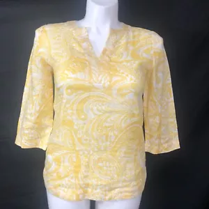 Chicos Size 0 Tunic Top Womens Small Yellow Paisley Linen Notch V-Neck Sequins - Picture 1 of 7