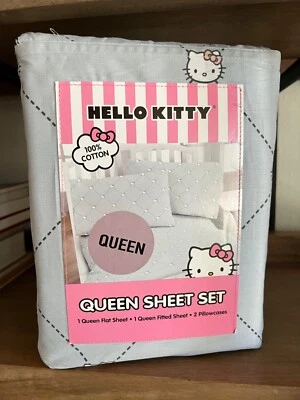 Juego de sábanas Sanrio HELLO KITTY 100 % algodón 4 piezas Queen gris diamante NUEVO Foto 1 de 4