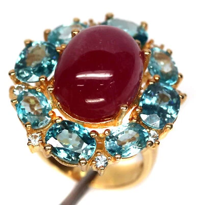 Heated 12 X 15 mm. Red Ruby, Blue Zircon & Topaz Ring Silver 925 Sterling Foto 1 de 4